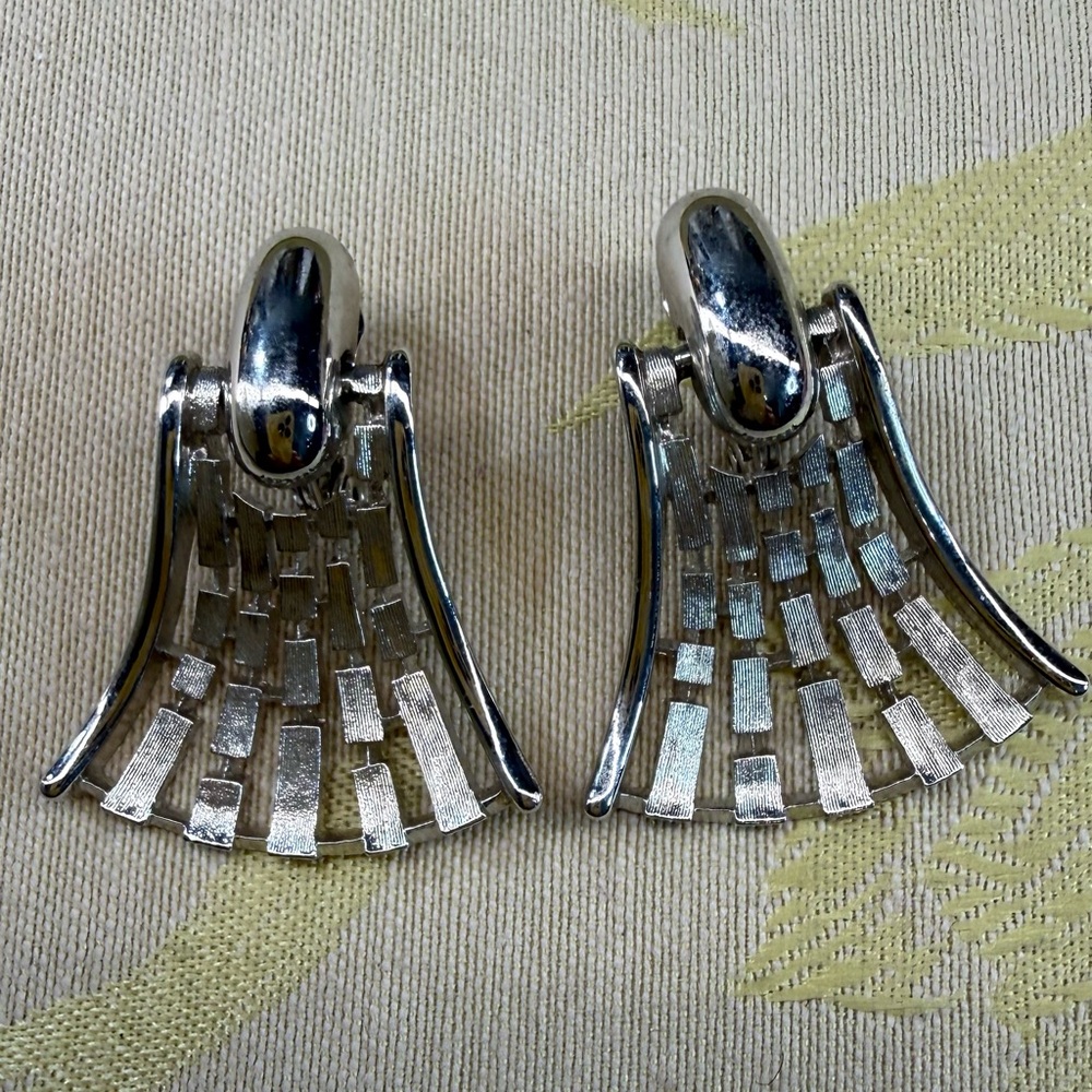 Vintage Monet Silver-Tone Fan Drop Clip-On Earrings